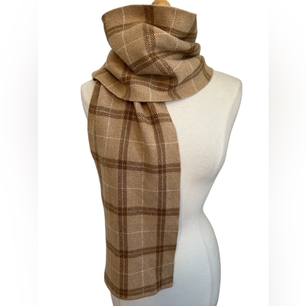Brown,Tan,White Plaid Wool, Cashmere & Angora Blend Scarf Made n Italy 10”Wx66”L